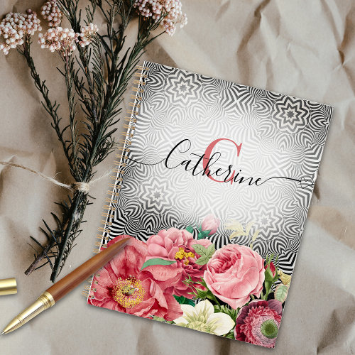 Vintage Flowers On Black White Name and Monogram