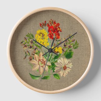 Vintage Flowers on Burlap Decorative Wall Clock