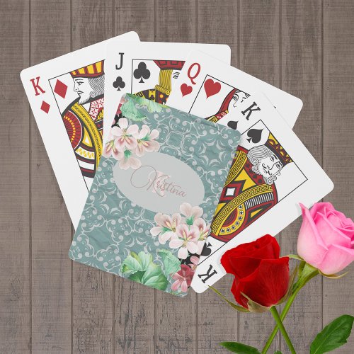 Vintage Flowers On Damask Pattern Name  Initial Playing Cards