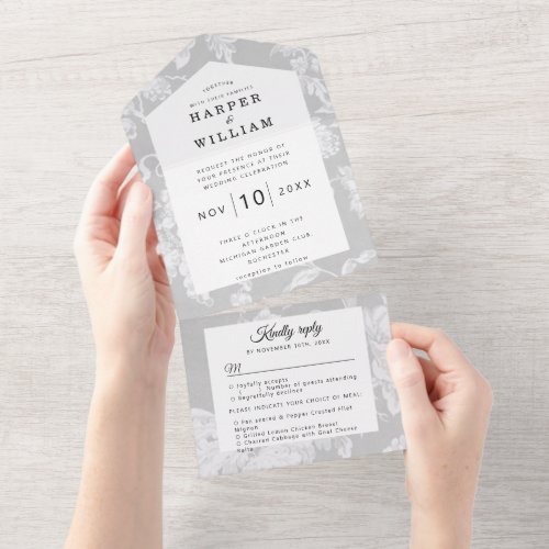 Vintage flowers on grey wedding all in one invitation