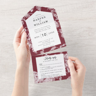 Vintage flowers on red wine wedding all in one invitation