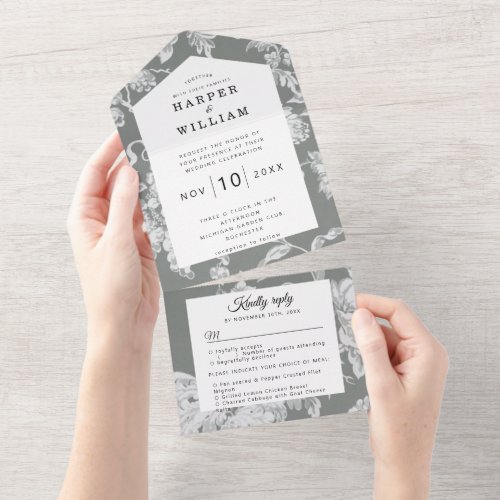 Vintage flowers on sage wedding all in one invitation