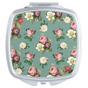 Vintage Flowers on Stone Blue, Retro Floral Print Compact Mirror