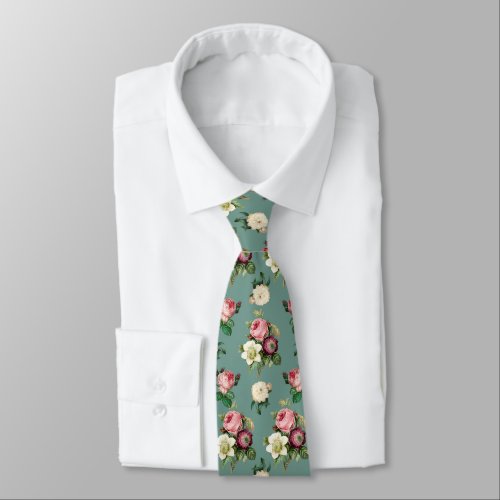 Vintage Flowers on Stone Blue Retro Floral Print Neck Tie