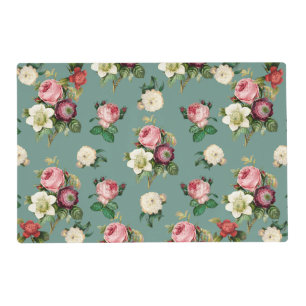 Vintage Flowers on Stone Blue, Retro Floral Print Placemat