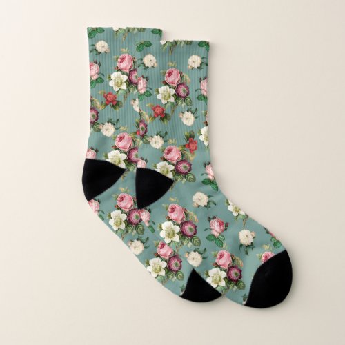 Vintage Flowers on Stone Blue Retro Floral Print Socks