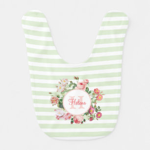 Vintage Flowers Pastel Green Stripes Monogram Baby Bib