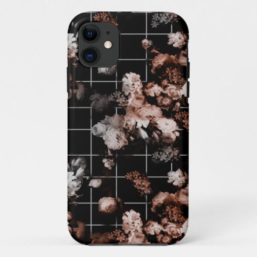 Vintage Flowers Peach and White Black Background iPhone 11 Case