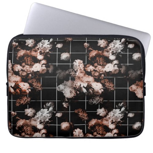 Vintage Flowers Peach and White Black Background Laptop Sleeve