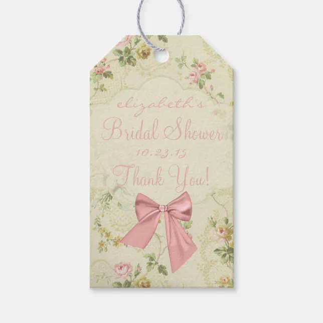 Vintage Flowers Peach Bow Bridal Shower Gift Tags | Zazzle