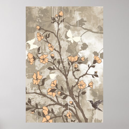 Vintage flowers peach taupe floral grunge custom poster