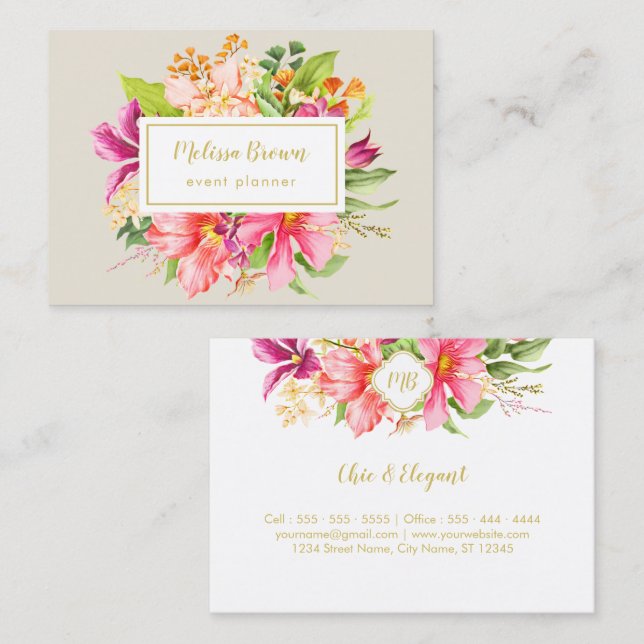 Vintage Flowers Pink Beige Elegant Business Card (Front/Back)
