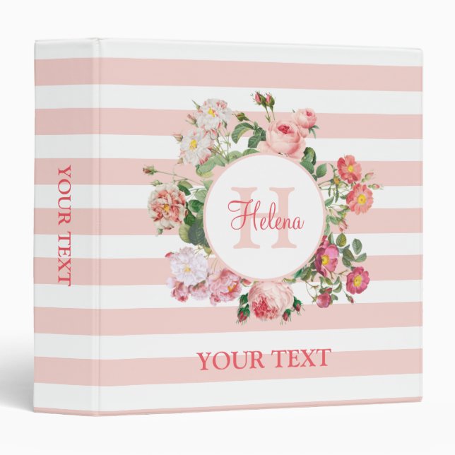 Vintage Flowers Pink Stripes Monogram 3 Ring Binder (Front/Spine)
