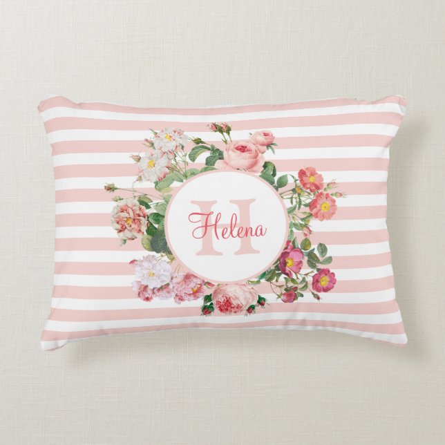 Vintage Flowers Pink Stripes Monogram Accent Pillow (Front)