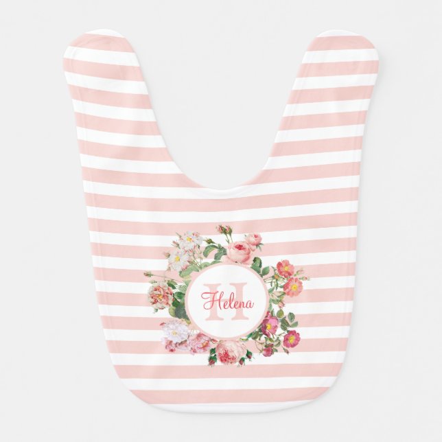 Vintage Flowers Pink Stripes Monogram Baby Bib (Front)