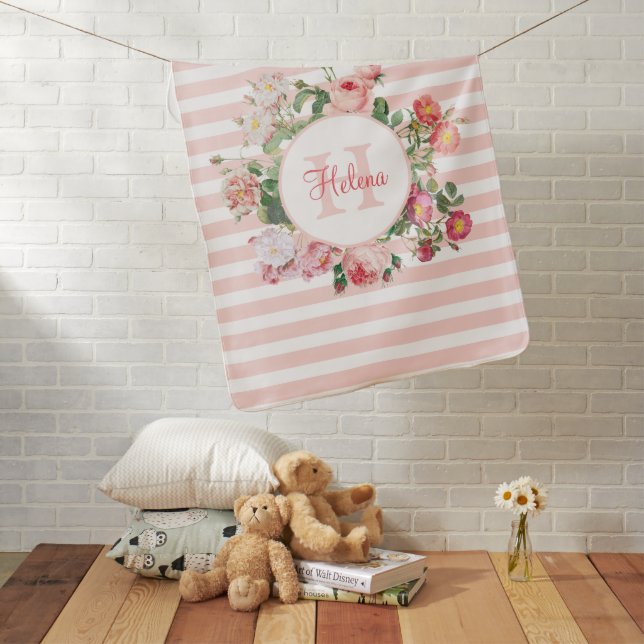 Vintage Flowers Pink Stripes Monogram Baby Blanket (In Situ)
