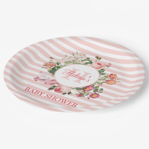 Vintage Flowers Pink Stripes Monogram Baby Shower Paper Plates