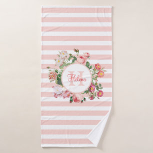 Vintage Flowers Pink Stripes Monogram Bath Towel