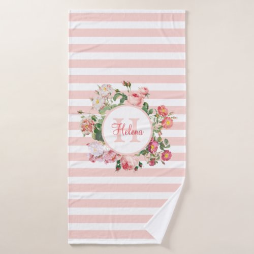 Vintage Flowers Pink Stripes Monogram Bath Towel