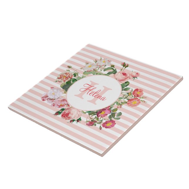 Vintage Flowers Pink Stripes Monogram Ceramic Tile (Side)