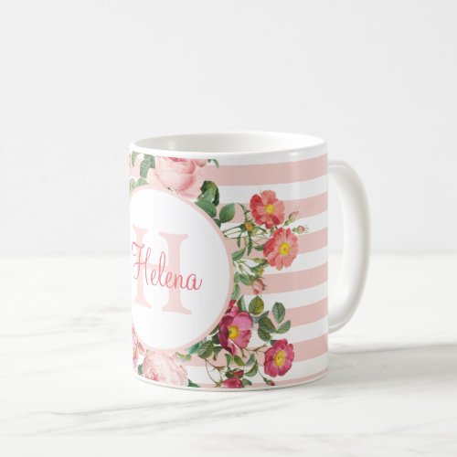 Vintage Flowers Pink Stripes Monogram Coffee Mug