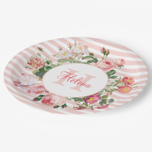 Vintage Flowers Pink Stripes Monogram Paper Plates