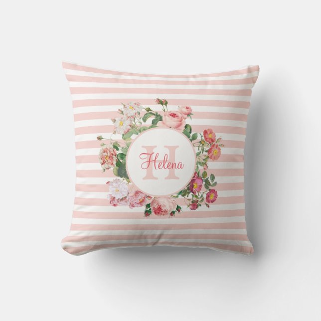 Vintage Flowers Pink Stripes Monogram Throw Pillow (Front)