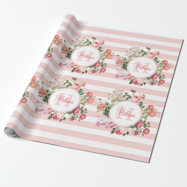 Vintage Flowers Pink Stripes Monogram Wrapping Paper (Unrolled)
