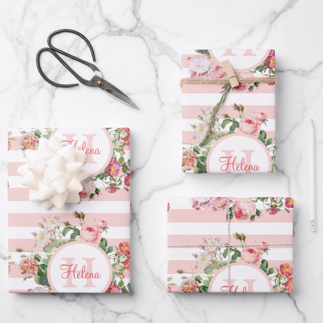 Vintage Flowers Pink Stripes Monogram Wrapping Paper Sheets (Front)