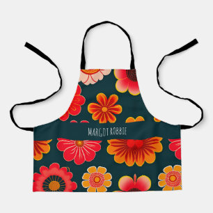 Vintage Flowers Red Black Floral Pattern Apron