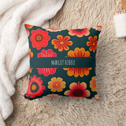Vintage Flowers Red Black Floral Pattern Throw Pillow
