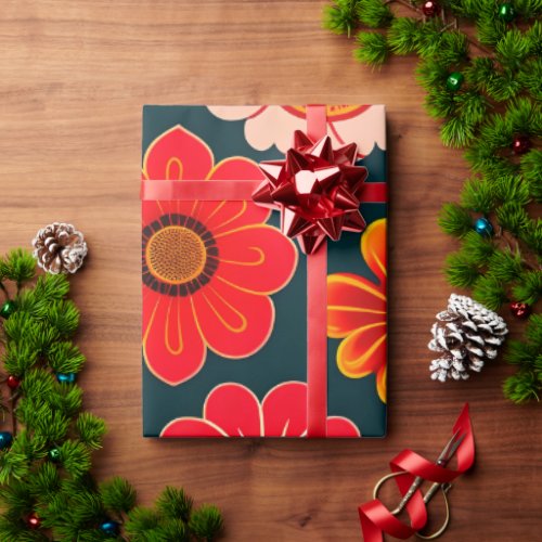 Vintage Flowers Red Black Floral Pattern Wrapping Paper