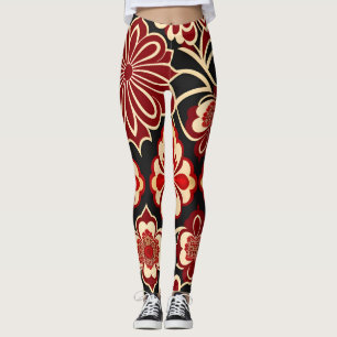 Vintage Flowers Red Green Floral Pattern Leggings