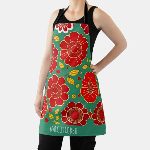 Vintage Flowers Red Green Retro Floral Pattern Apron