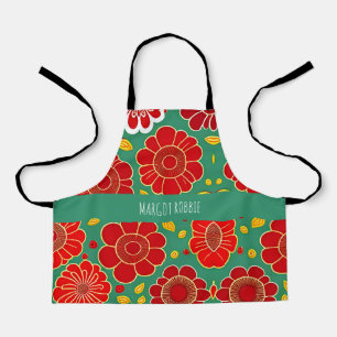 Vintage Flowers Red Green Retro Floral Pattern Apron