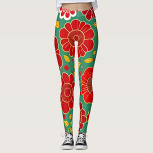 Vintage Flowers Red Green Retro Floral Pattern Leggings