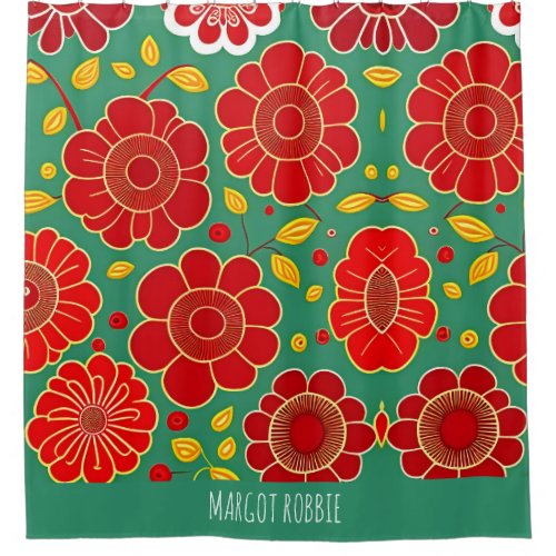 Vintage Flowers Red Green Retro Floral Pattern Shower Curtain