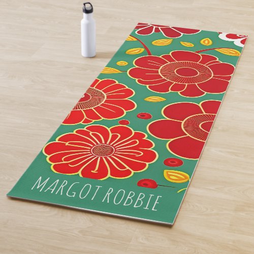 Vintage Flowers Red Green Retro Floral Pattern Yoga Mat