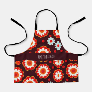 Vintage Flowers Red White Mosaic Pattern Apron