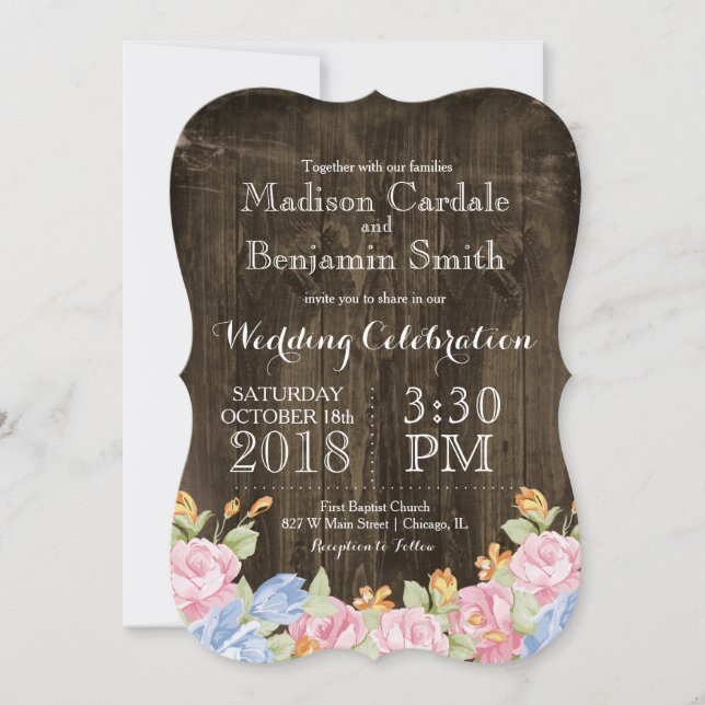 Vintage Flowers Rustic Barn Wood Wedding Invites (Front)