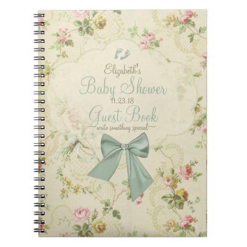 Vintage Flowers Sage Bow Baby Shower Guest Book