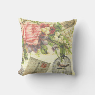 Vintage Flowers, Stamps & Bird Throw Pillow