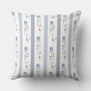 Vintage flowers Stripe pattern white grey blue Throw Pillow