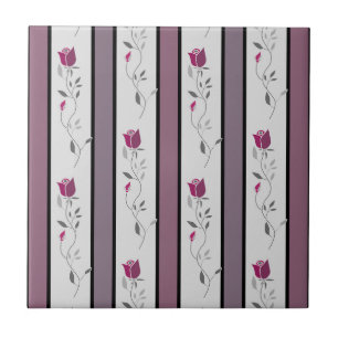 Vintage flowers striped pattern in black and pink ceramic tile