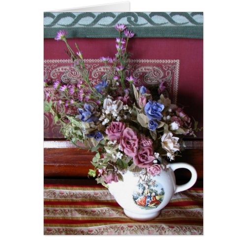 Vintage Flowers Teapot Vase Blank Greeting Card