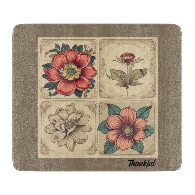 Vintage Flowers Thanksgiving Cutting Board (Front)