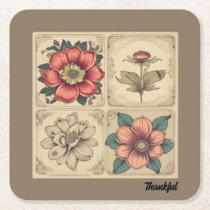 Vintage Flowers Thanksgiving Square Paper Coaster