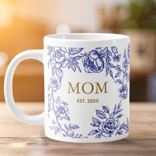 Vintage Flowers Toile De Jouy Blue Mothers Day Giant Coffee Mug