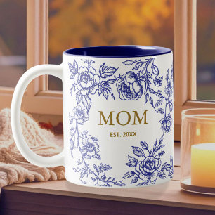 Vintage Flowers Toile De Jouy Blue Mothers Day Two-Tone Coffee Mug