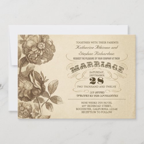 vintage  flowers &amp; typographic wedding invitation